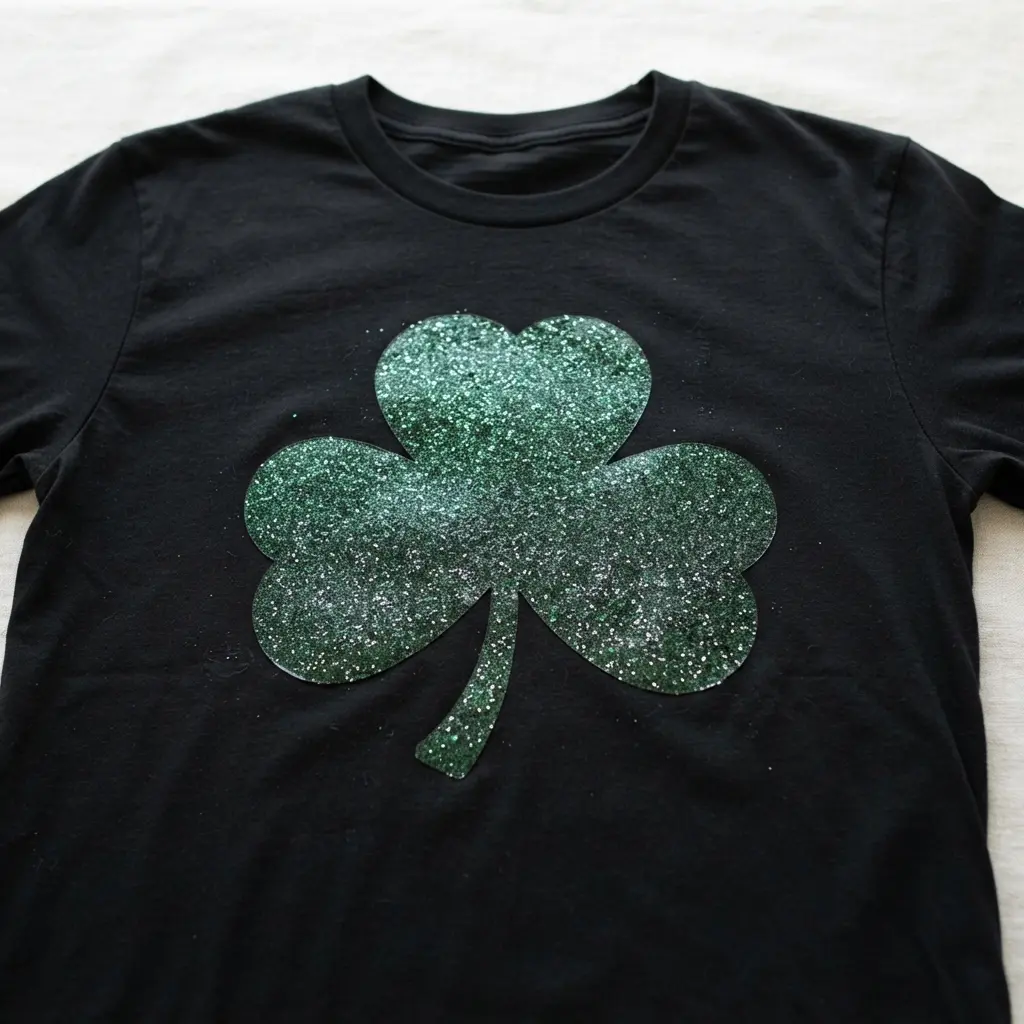 A black t-shirt with a large, bold shamrock shape cut from sparkling green glitter heat transfer vinyl.