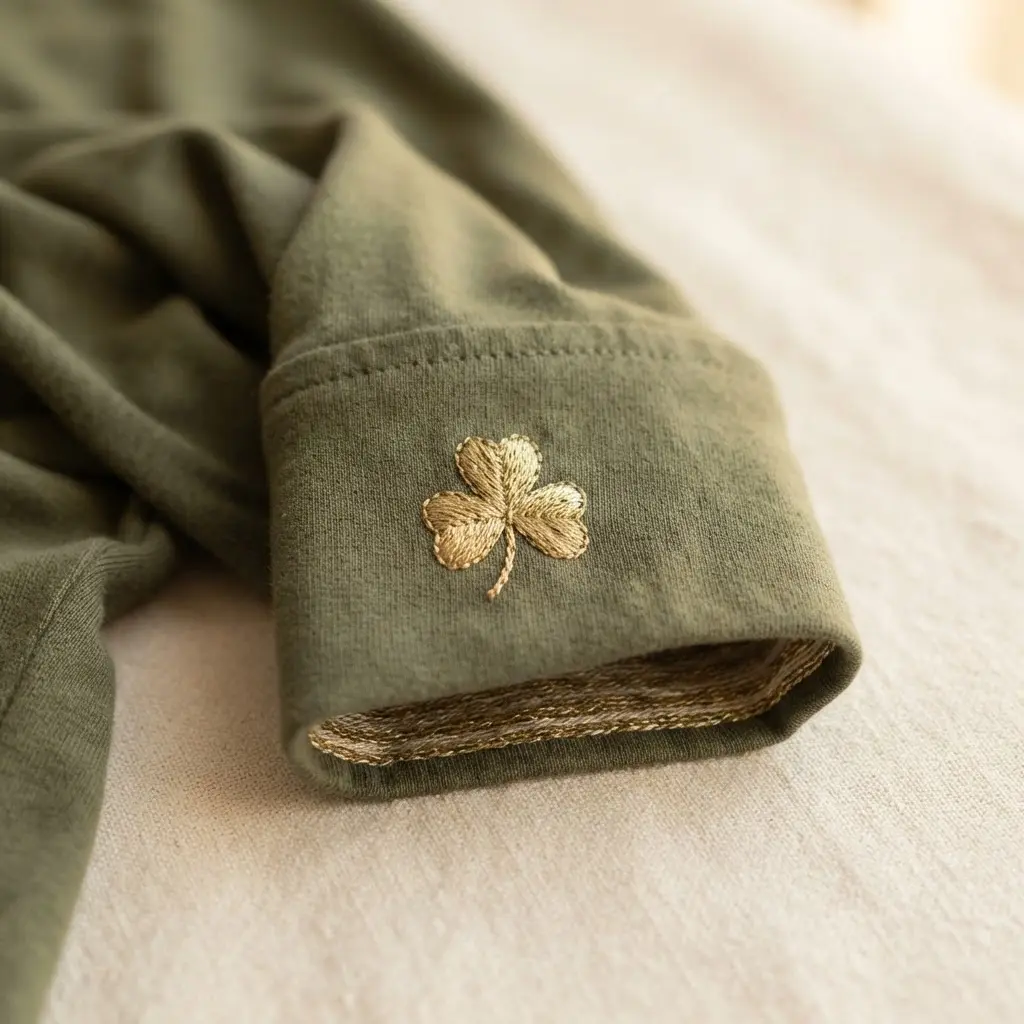 An olive green shirt sleeve with a small, intricate shamrock embroidered in shiny gold metallic thread.