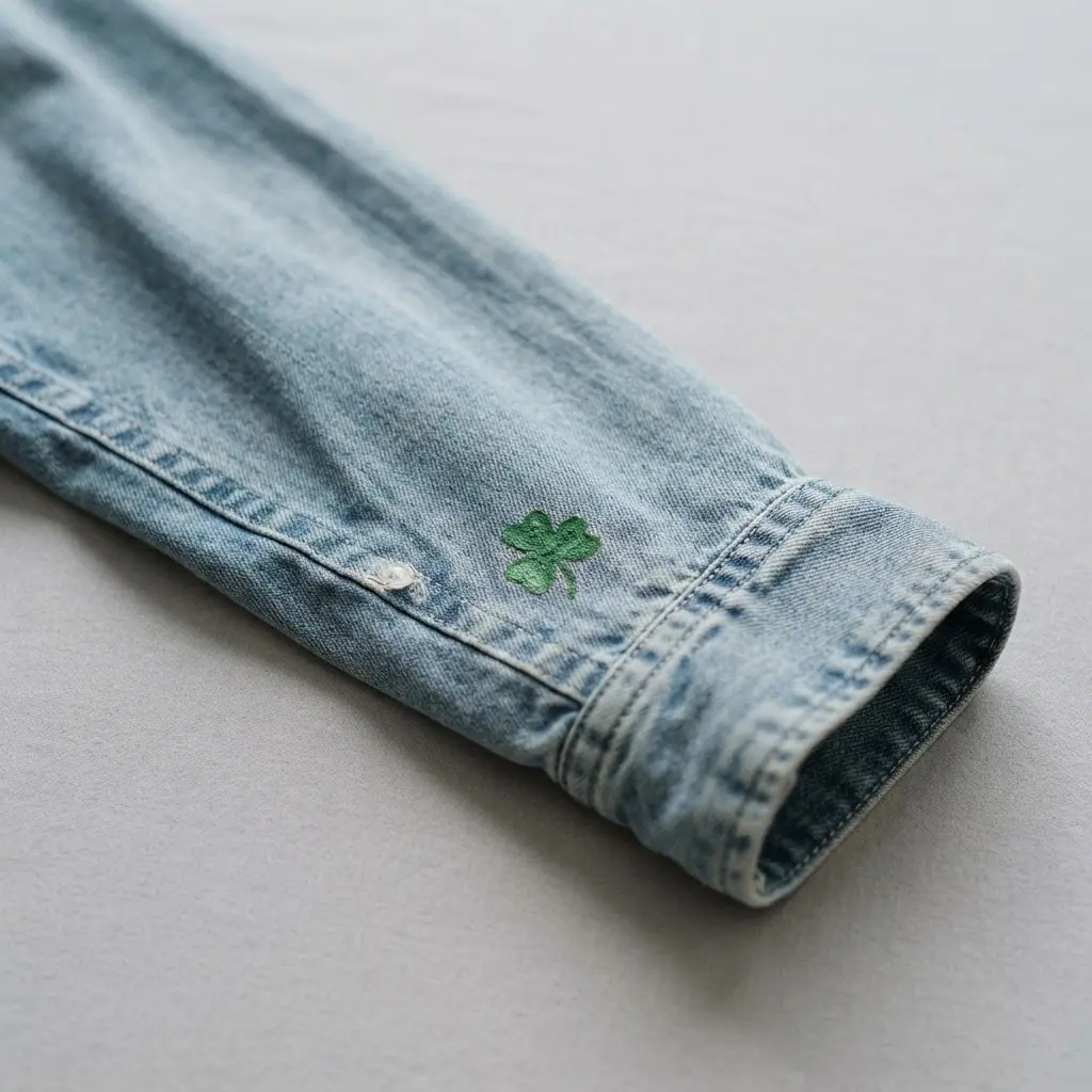 The cuff of a light-wash denim shirt featuring a single, small shamrock painted with green fabric paint.