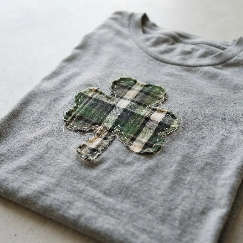 A gray t-shirt with a shamrock design created by stitching together different green plaid fabric scraps.