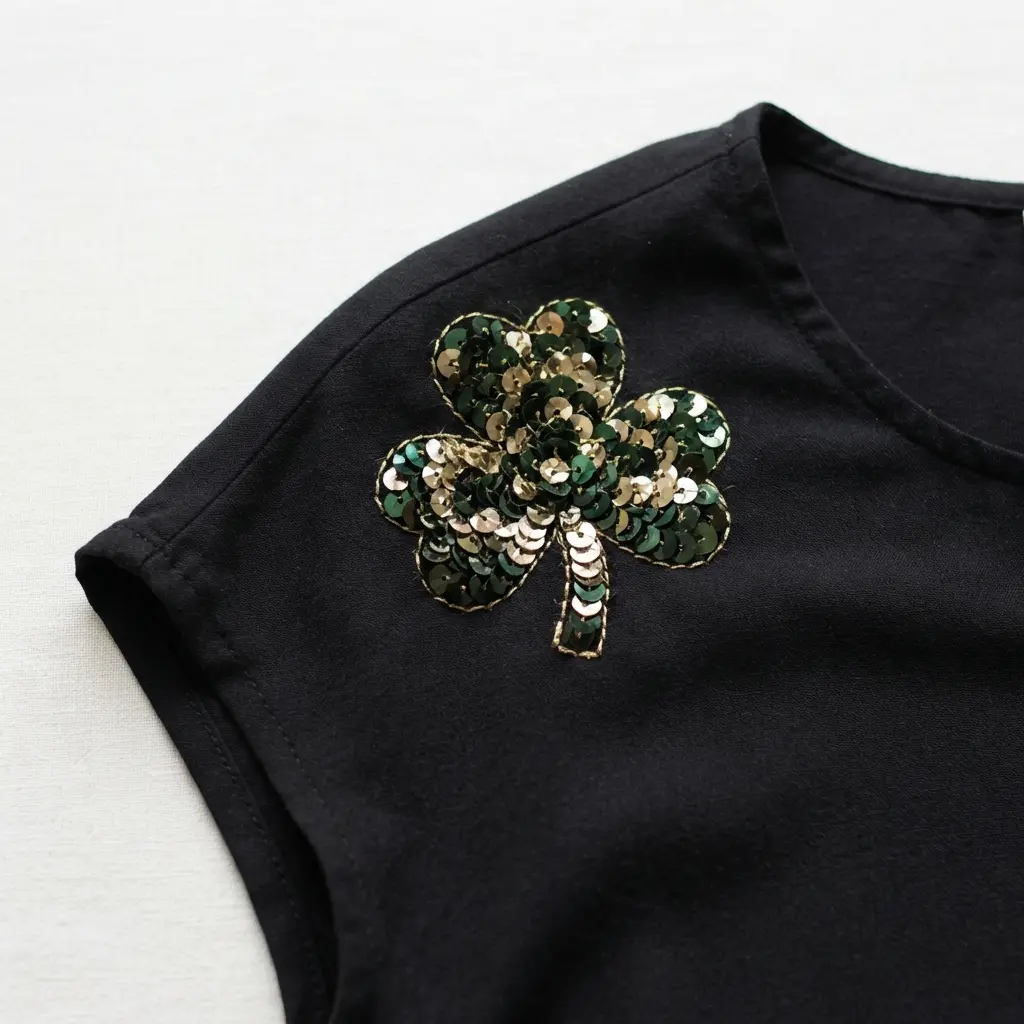 A black blouse with a dimensional shamrock design on the shoulder, made from sewn-on green and gold sequins.