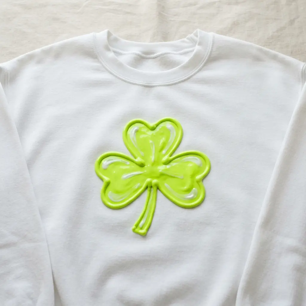 A white crewneck sweatshirt with a bold, raised shamrock outline drawn in bright green dimensional puffy paint.