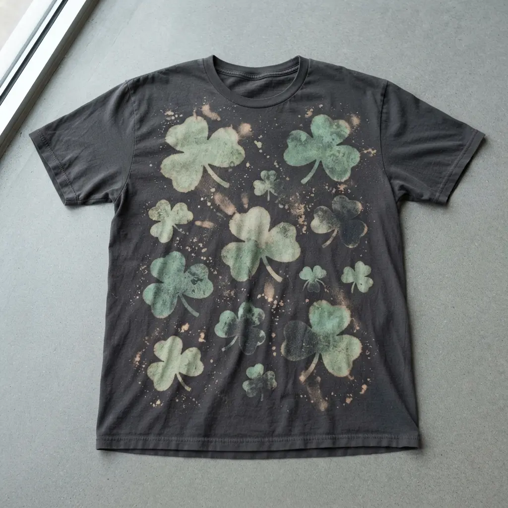 A dark green t-shirt with a pattern of light, distressed shamrock silhouettes created using a bleach resist technique.