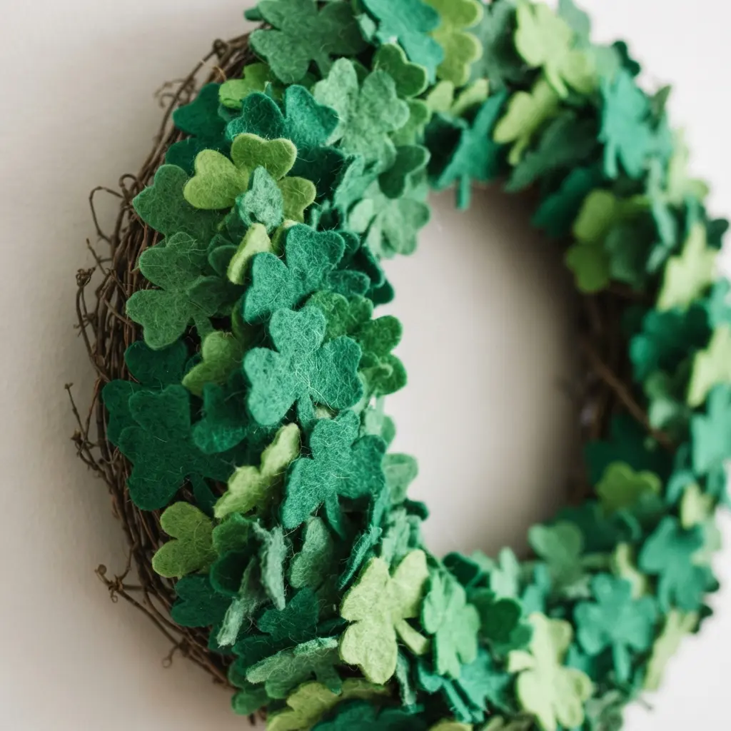 A full, textured wreath made from many overlapping green felt shamrocks on a grapevine base.