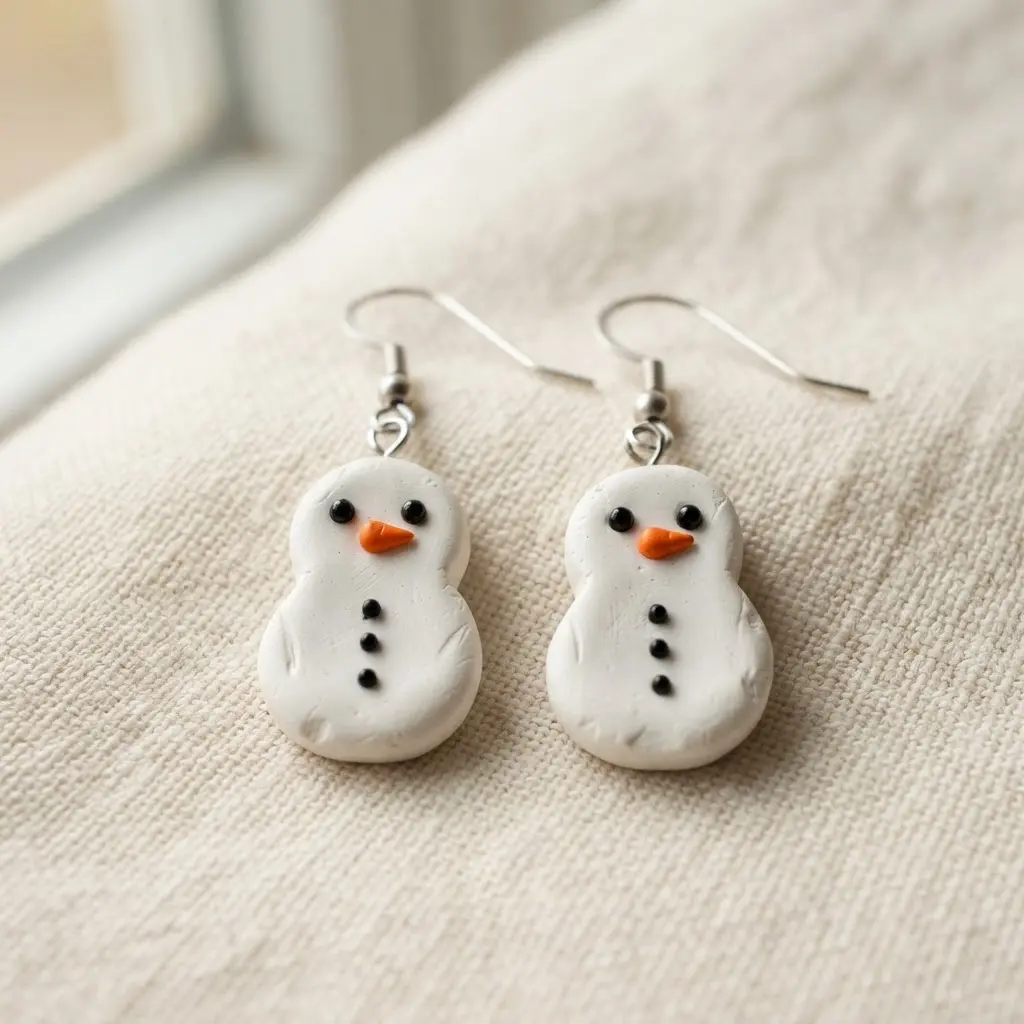 A pair of white polymer clay snowman earrings with black bead eyes and tiny orange carrot noses on silver hooks.
