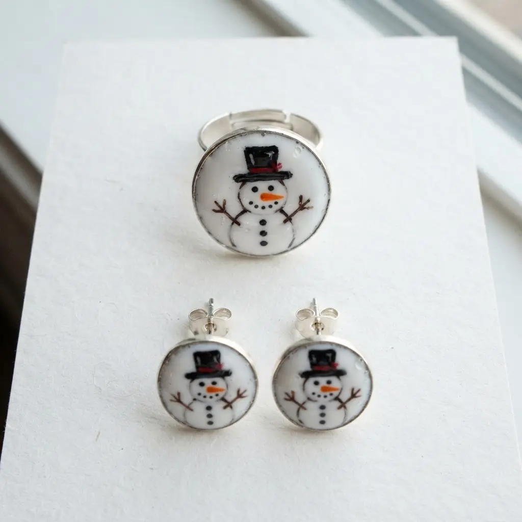 A coordinating ring and stud earrings feature cheerful, hand-painted snowman faces on white enamel discs.