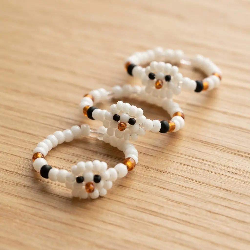 Three stackable rings featuring snowmen made from white, black, and orange seed beads strung on clear elastic.