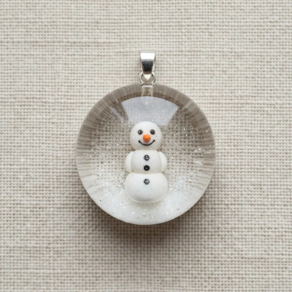 A circular silver pendant holds a miniature sculpted snowman suspended in clear, glossy resin.