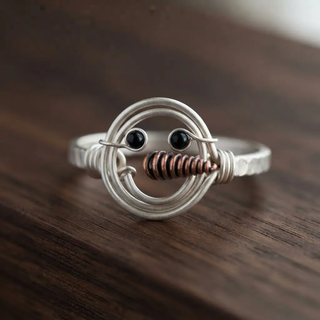 A snowman face formed from wrapped silver wire with bead eyes and a coiled wire nose on a ring base.