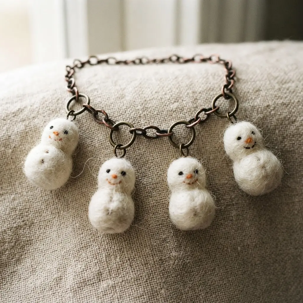 A silver chain bracelet holds several tiny, soft white felted snowman charms with embroidered faces.