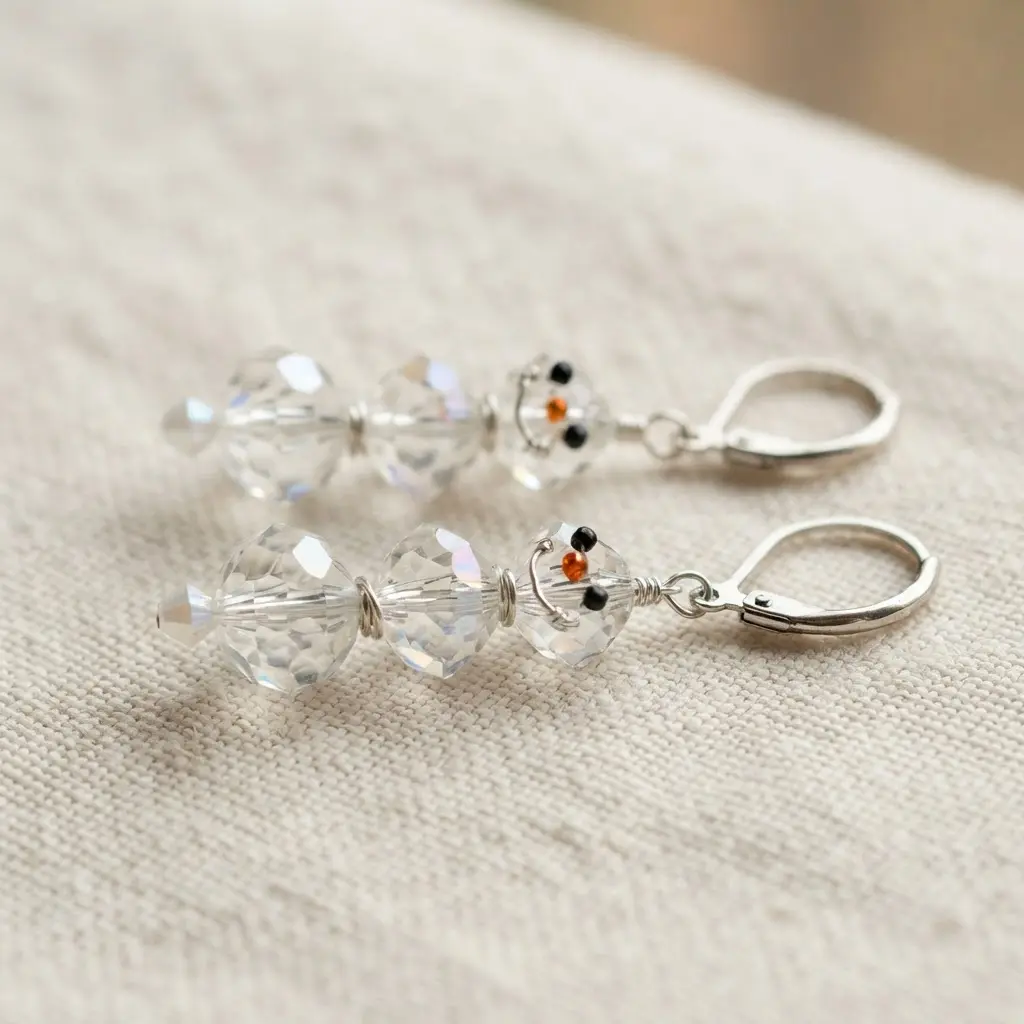 Sparkling silver earrings with snowman shapes formed from clear and white Swarovski crystals.