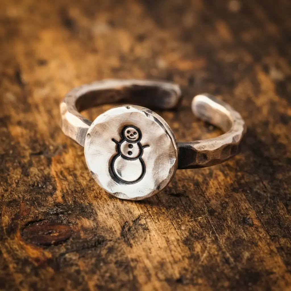 A thin, adjustable silver band displays a simple stamped silhouette of a snowman wearing a top hat.