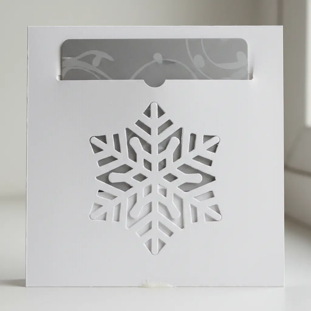 A crisp white cardstock gift card holder with a delicate snowflake cutout on the front panel and a card visible inside the open pocket.
