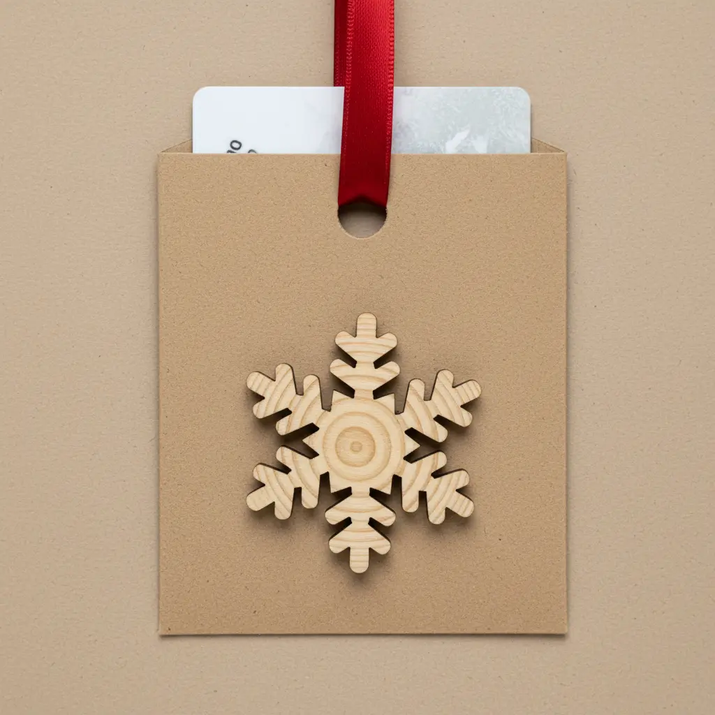 A sturdy kraft cardstock holder with a loop of red ribbon for hanging and a carved wooden snowflake attached, doubling as a tree ornament.