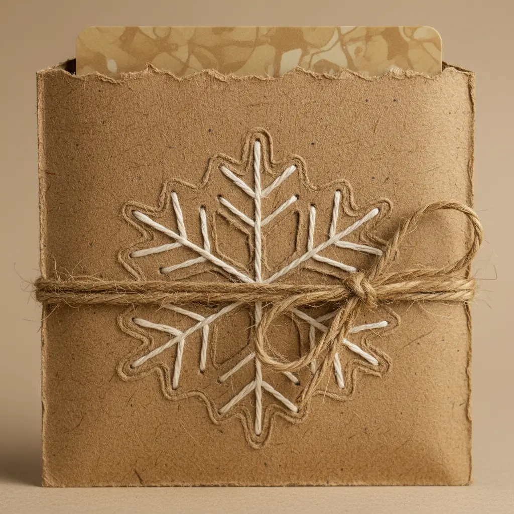 A rustic brown kraft paper sleeve holder featuring a stitched snowflake and a length of natural twine tied around the center.