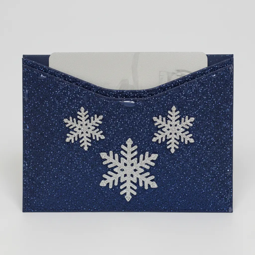 A deep navy cardstock pocket with shimmering silver snowflakes layered on the front, displaying a gift card peeking out from the top edge.