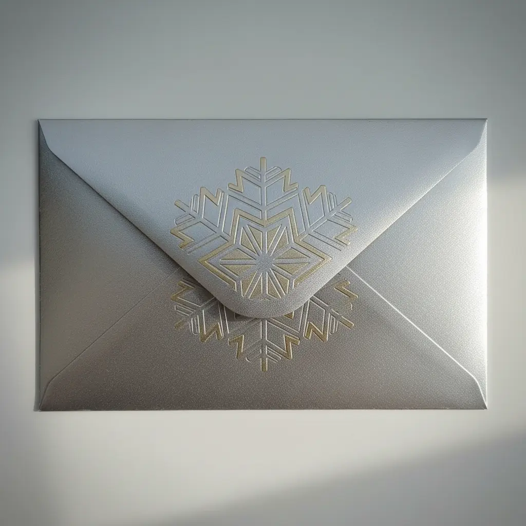 A small metallic silver envelope closed with a delicate embossed snowflake seal, resting on a snowy white surface.