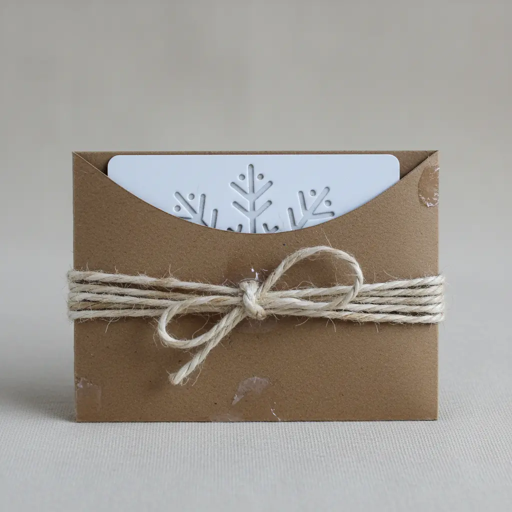 A simple brown paper pocket wrapped with natural twine and a small wooden snowflake ornament tied to the front, a gift card inserted inside.