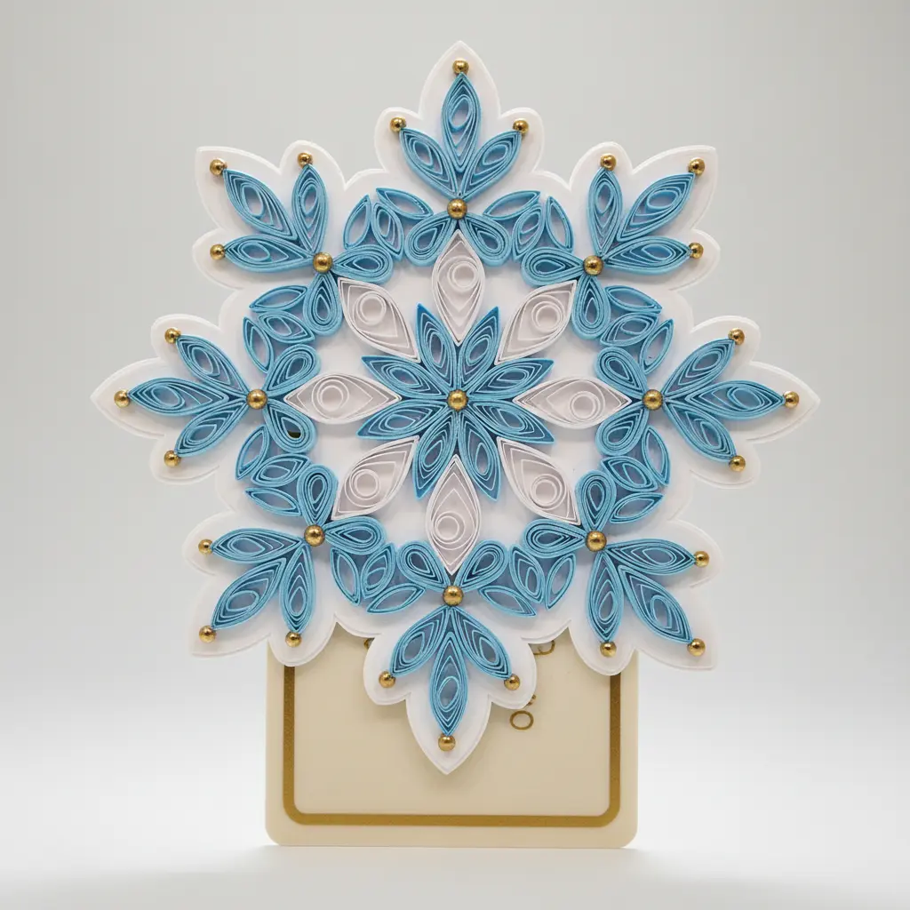 A white gift card holder adorned with a tightly rolled blue and white quilled paper snowflake in the center, surrounded by tiny gold beads.