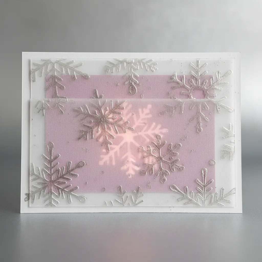 A layered cardstock holder with a translucent vellum front cover featuring a white heat-embossed snowflake, a glittering card peeking through.