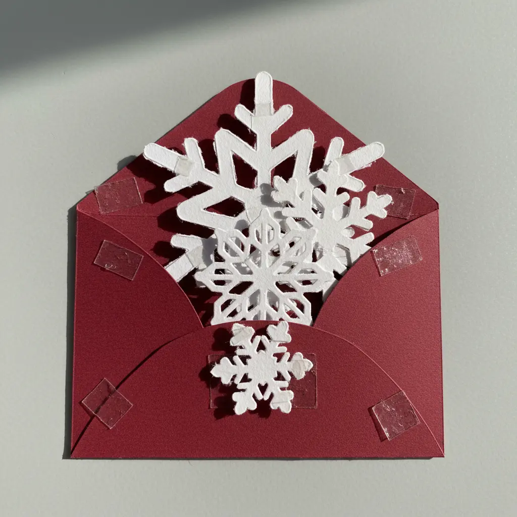 A rich red cardstock holder with three layers of snowflake cutouts elevated by foam adhesive, casting subtle shadows on the surface.
