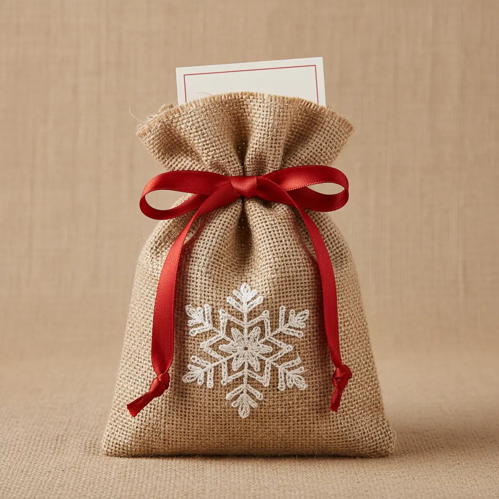 A small burlap pouch cinched with a red ribbon, a white lace snowflake sewn onto the front, and a gift card tucked inside.
