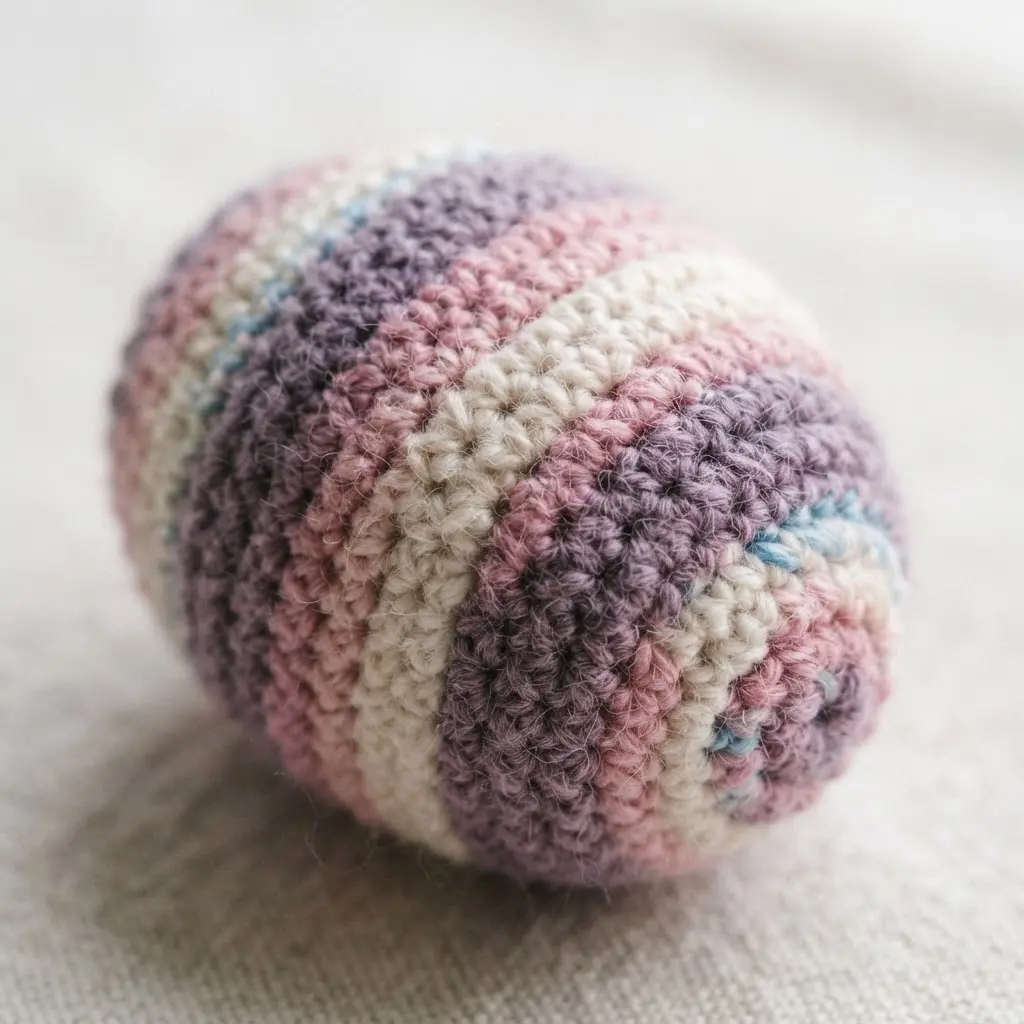 A smooth, rounded crochet egg showing long, gradual color transitions from pink to purple.