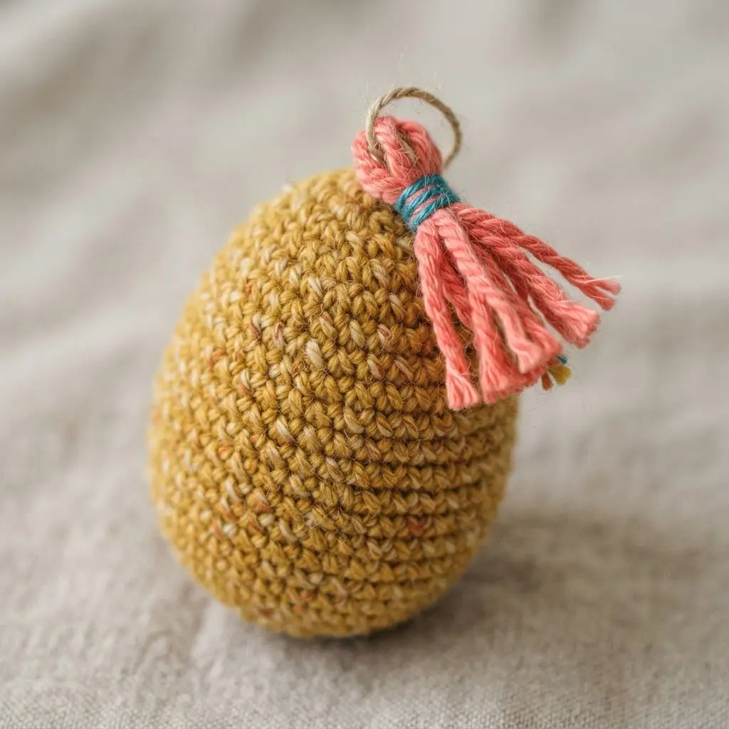 A mustard yellow crochet egg with a small, multi-colored yarn tassel attached to its top.