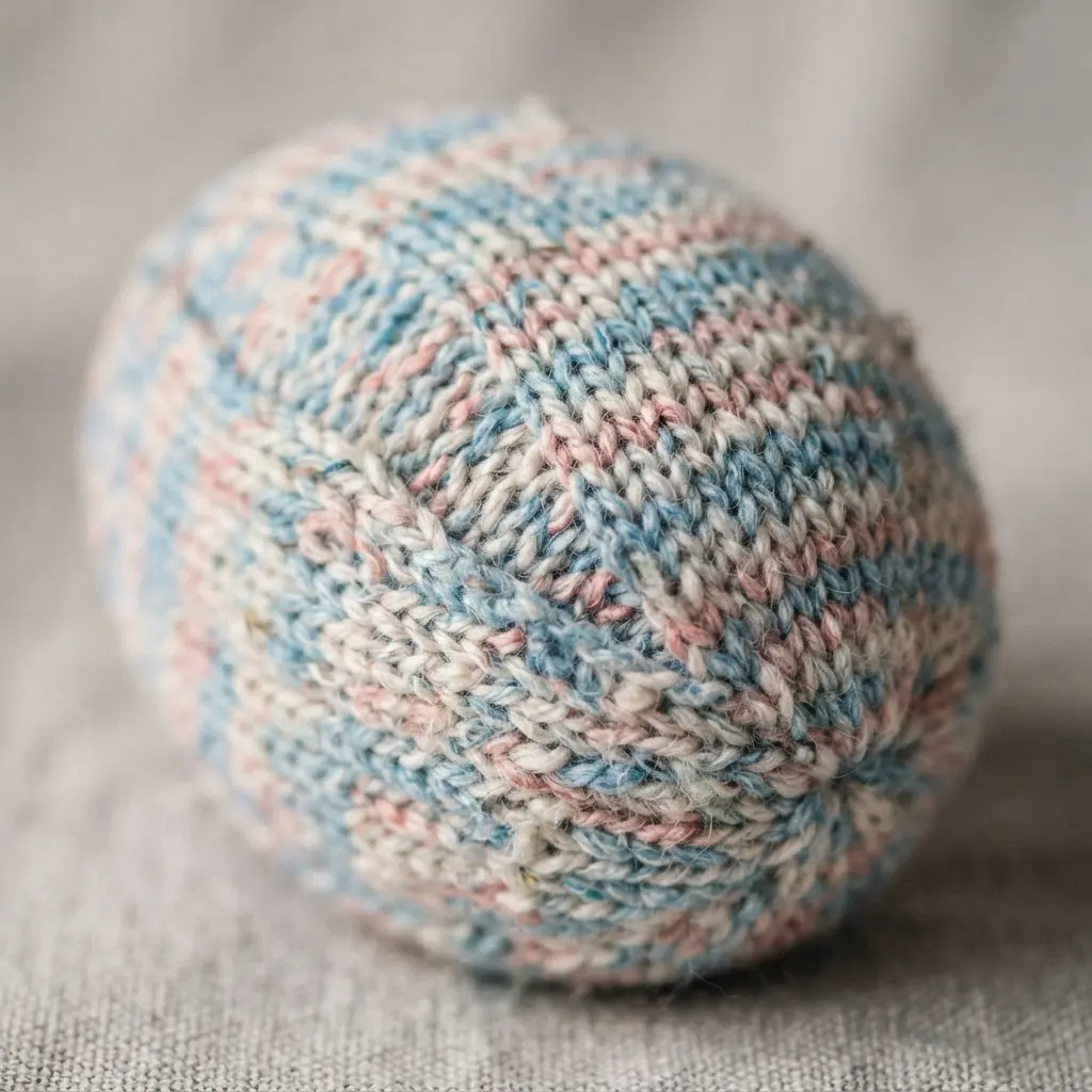 A light knit egg in soft blues and pinks with tiny flecks of contrasting color throughout.