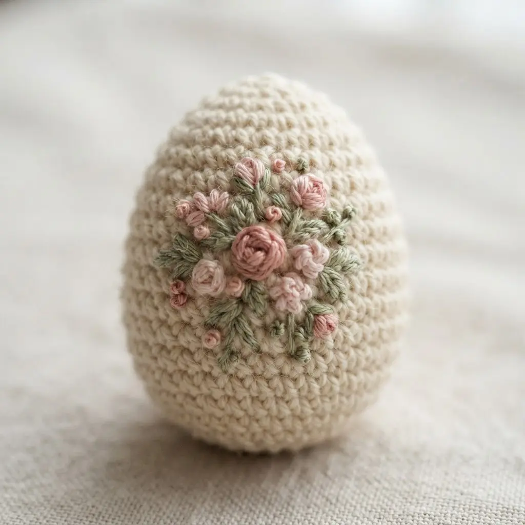 A simple cream crochet egg with small embroidered pink and green flowers on one side.