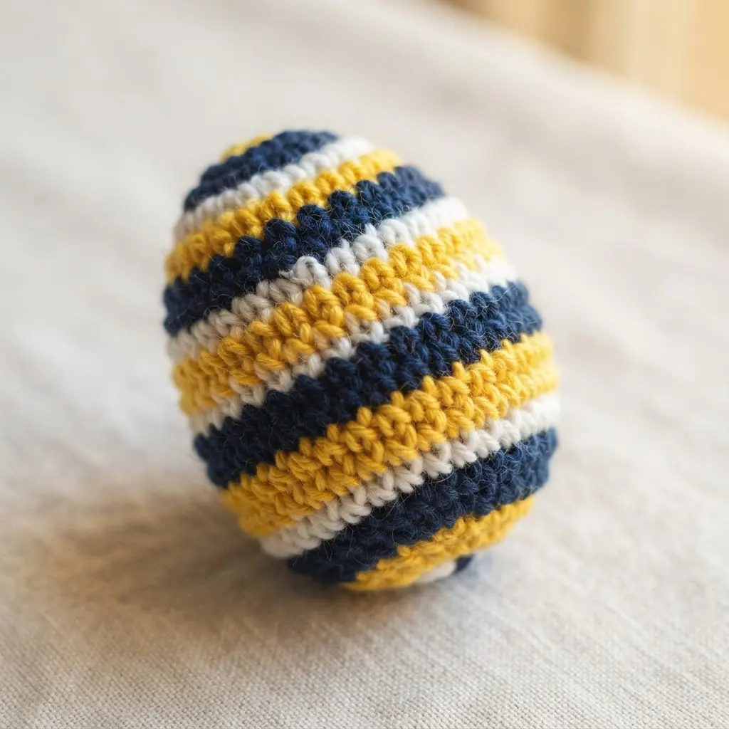 A vibrant crochet egg with clean horizontal stripes in navy blue and bright yellow.