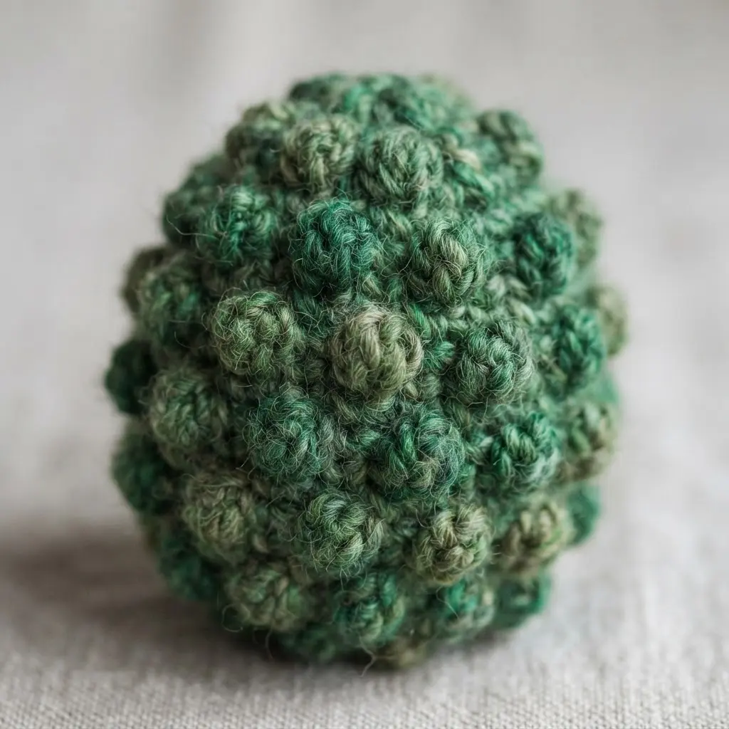 A forest green crochet egg covered in a grid of raised bobble stitches for a bumpy texture.