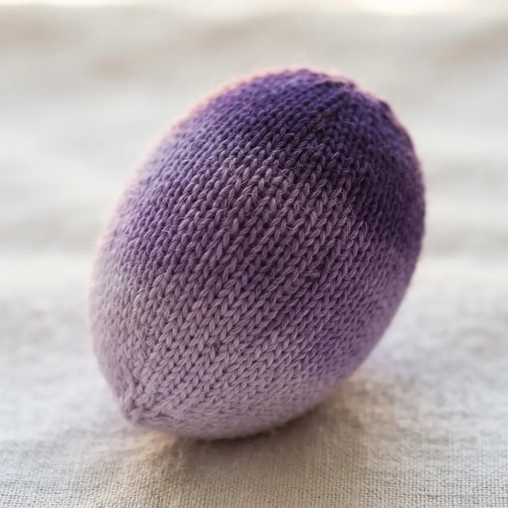 A knit egg that transitions smoothly from light lavender at the top to deep violet at the bottom.