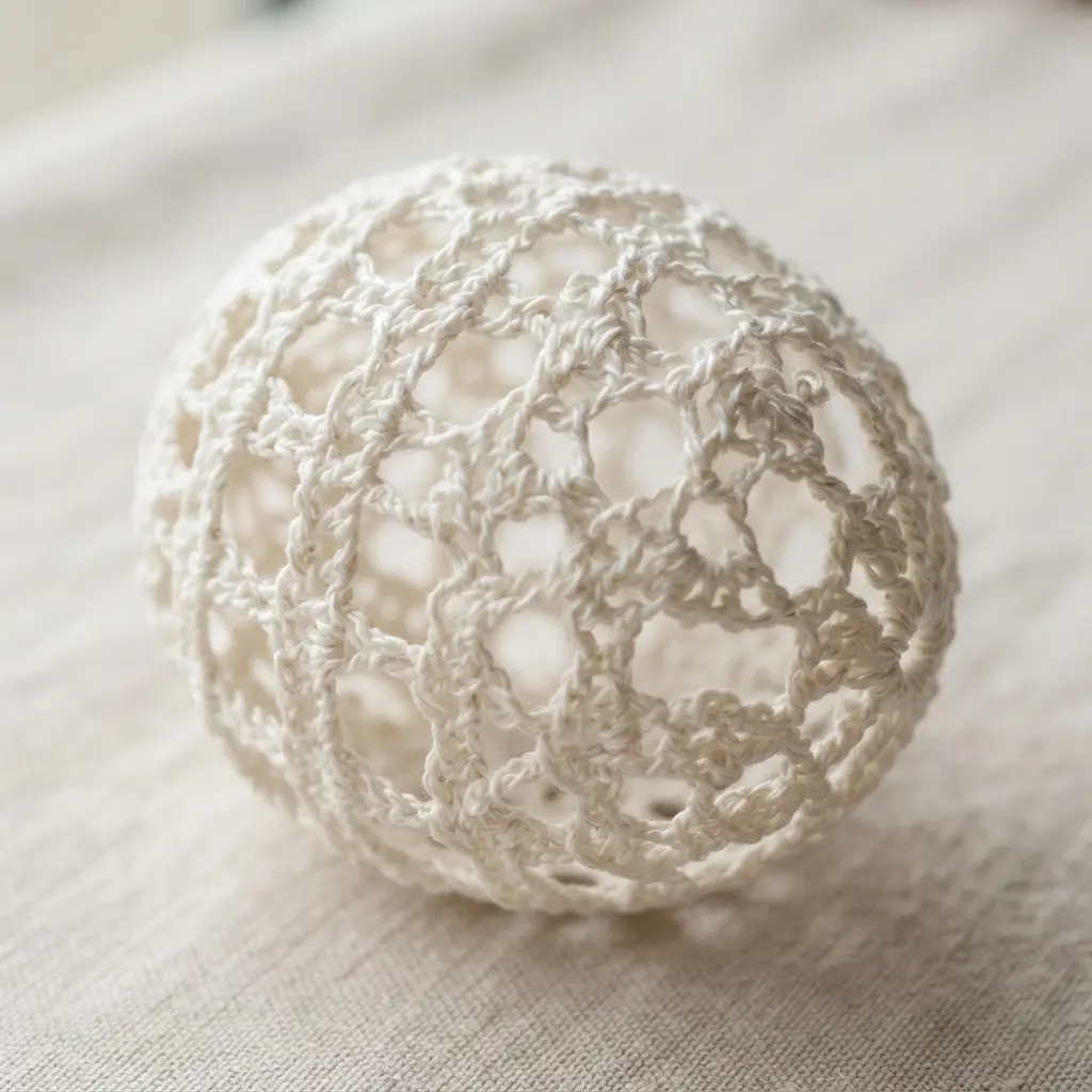 A white crochet egg with an intricate lace stitch pattern creating small holes.