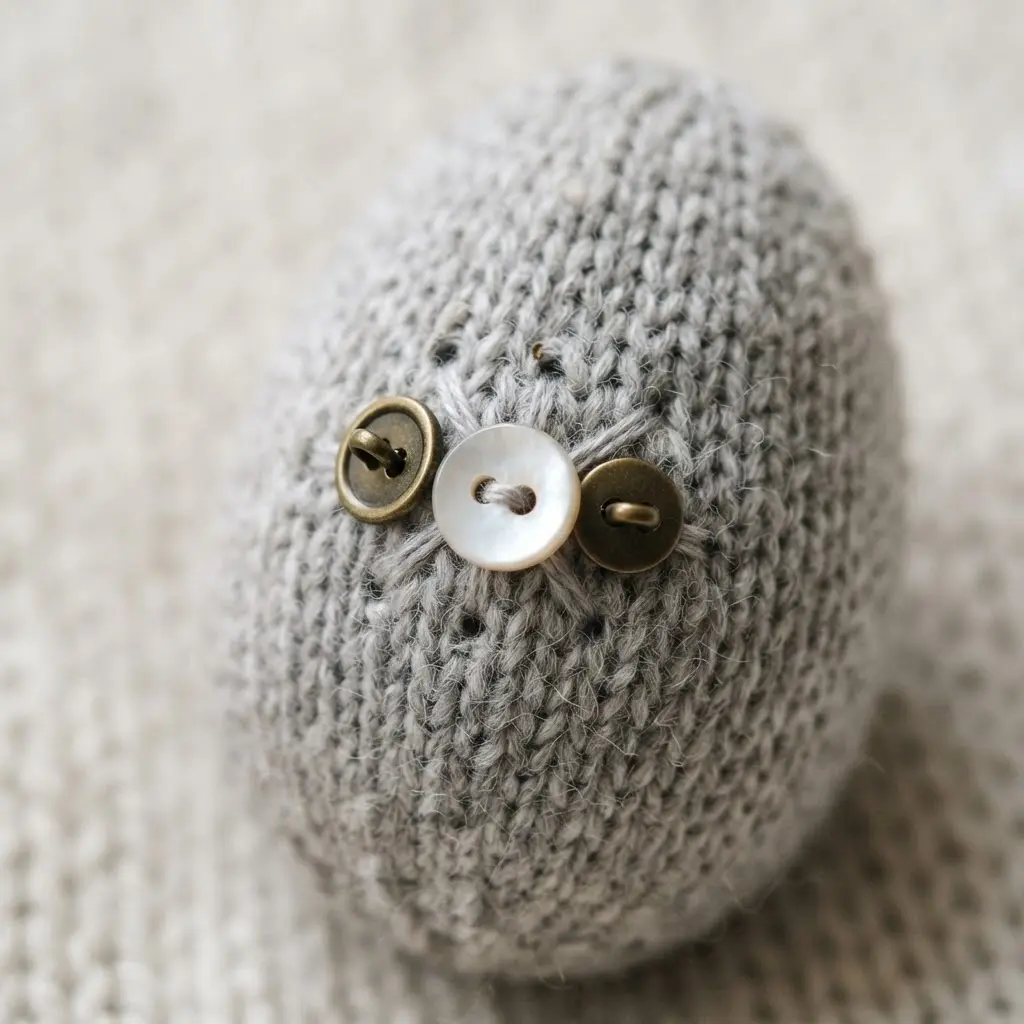 A light gray knit egg with three small pearl buttons sewn in a group on its side.