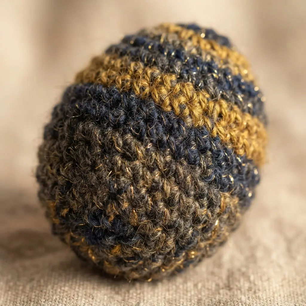 A navy blue crochet egg with thin strands of gold metallic yarn woven into the surface.