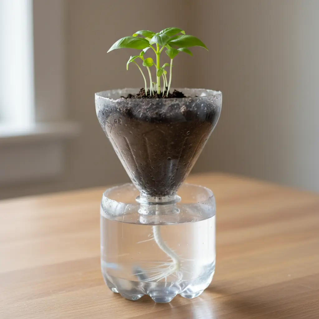 A clear plastic soda bottle cut and inverted to create a self-watering planter for small herbs.