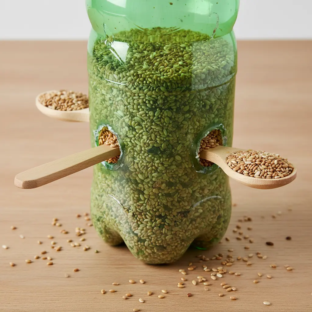 A large plastic bottle with wooden spoons inserted as perches, filled with birdseed.