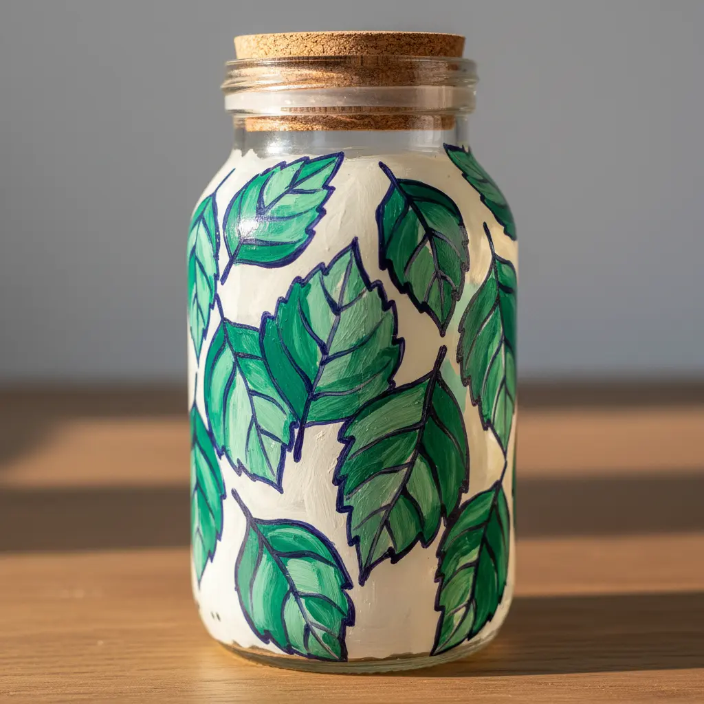 A soda bottle jar with a screw-top lid, hand-painted with green leaf and vine motifs.