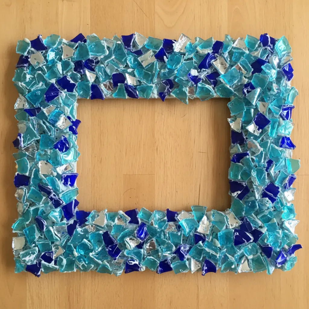 A plain picture frame with a border made from small, colorful pieces of cut plastic bottles.