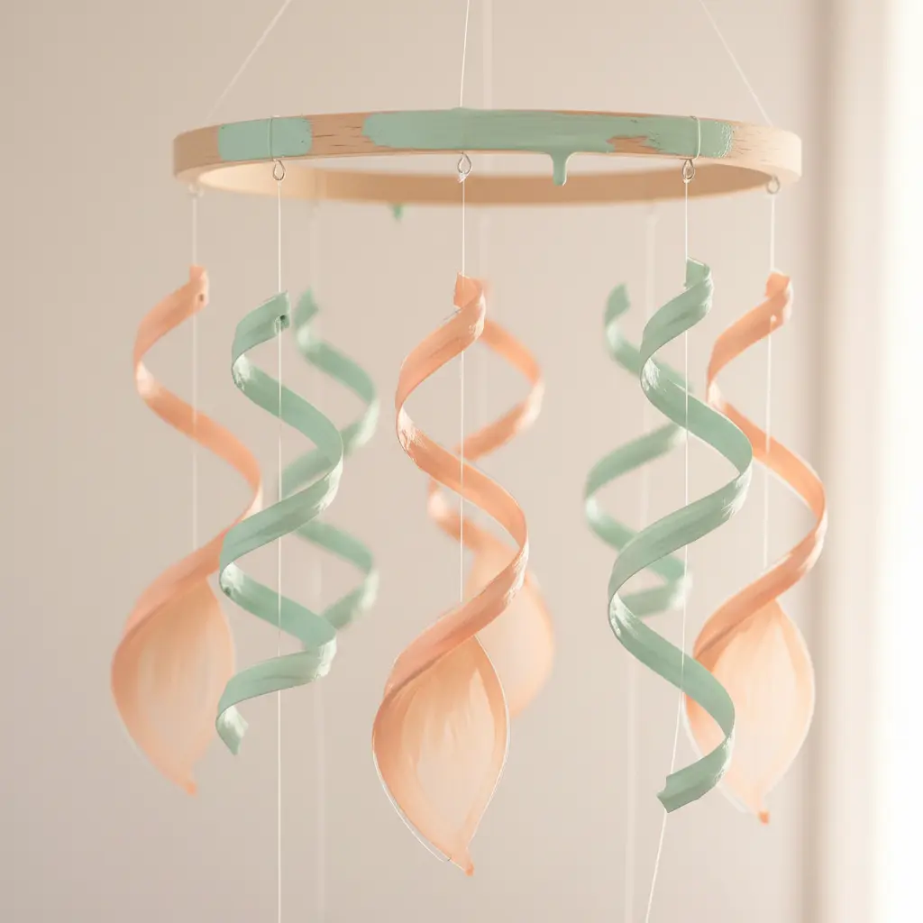 A hanging mobile made from cut and painted plastic bottle pieces that chime in the breeze.