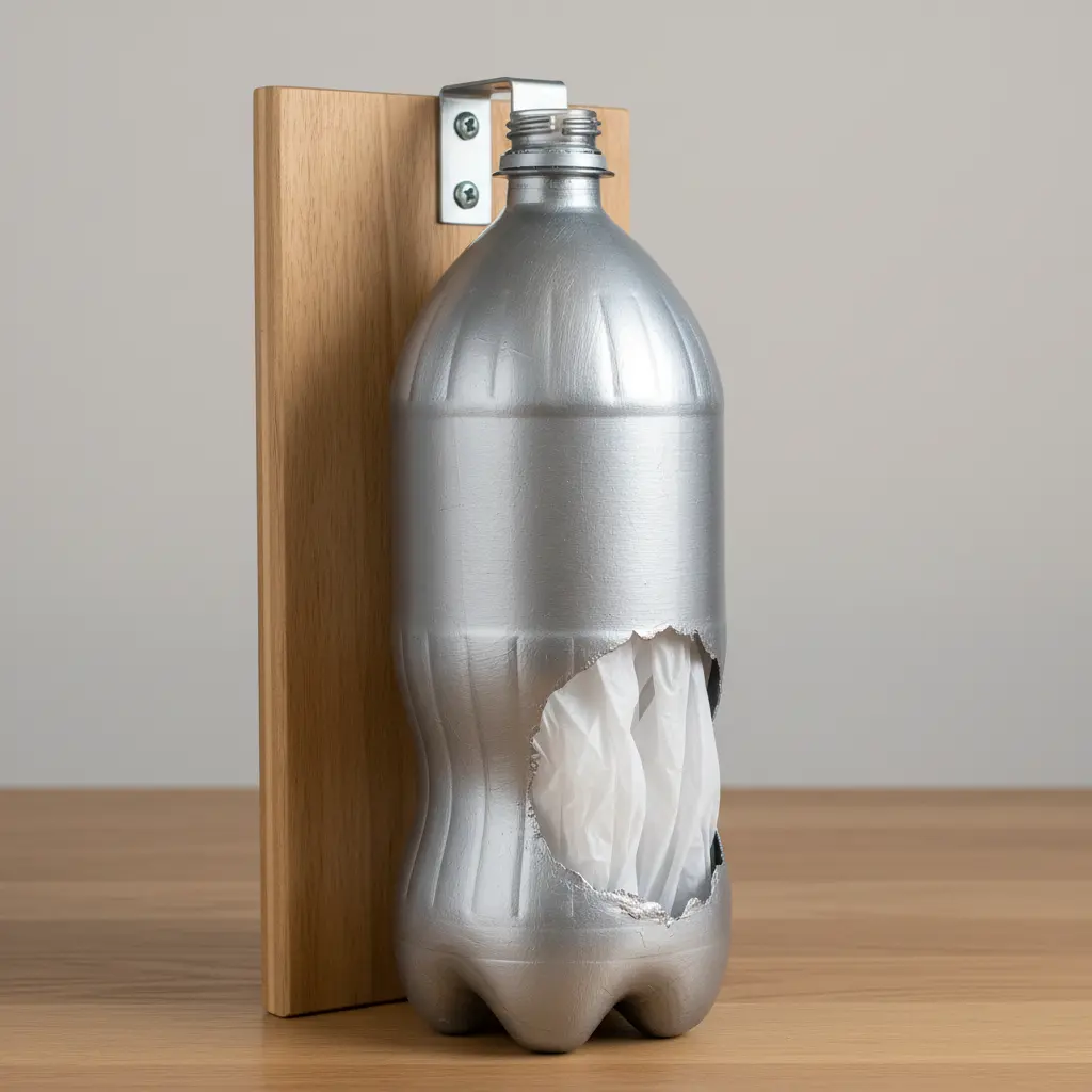 A large plastic bottle mounted to a wall, with the bottom cut open to store and dispense shopping bags.
