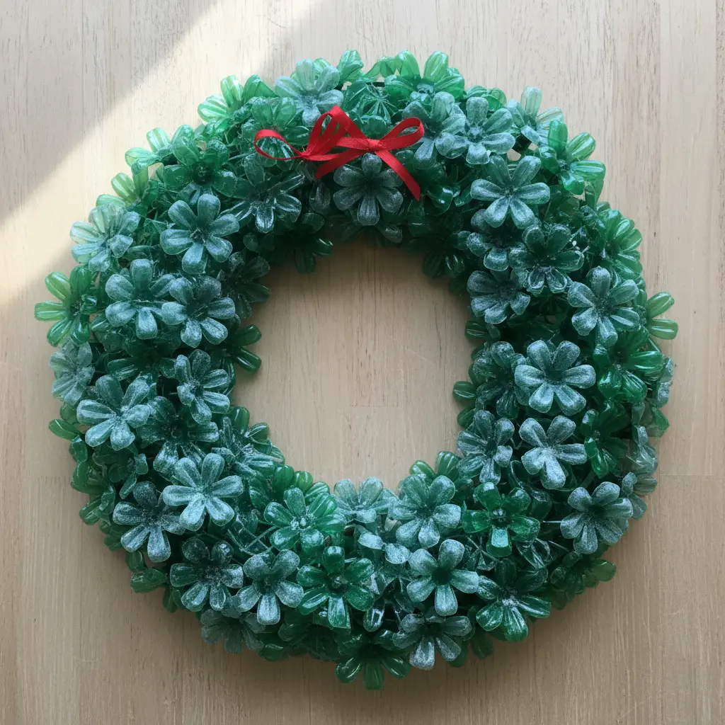 A circular wreath form decorated with numerous small flowers cut from green plastic soda bottles.