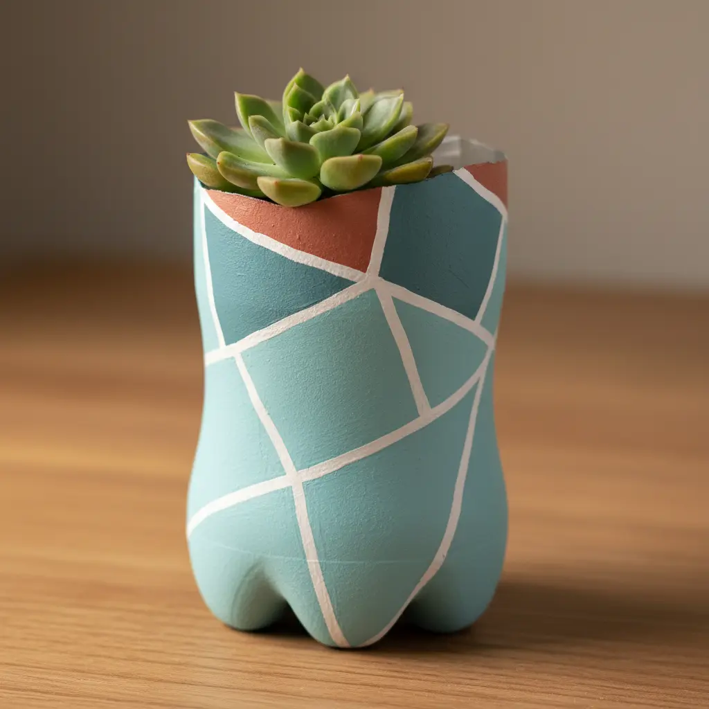A soda bottle base painted with crisp geometric lines, holding a small succulent plant.