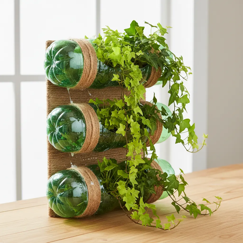 Several plastic bottles cut and mounted on a wall to create a tiered vertical planting system.