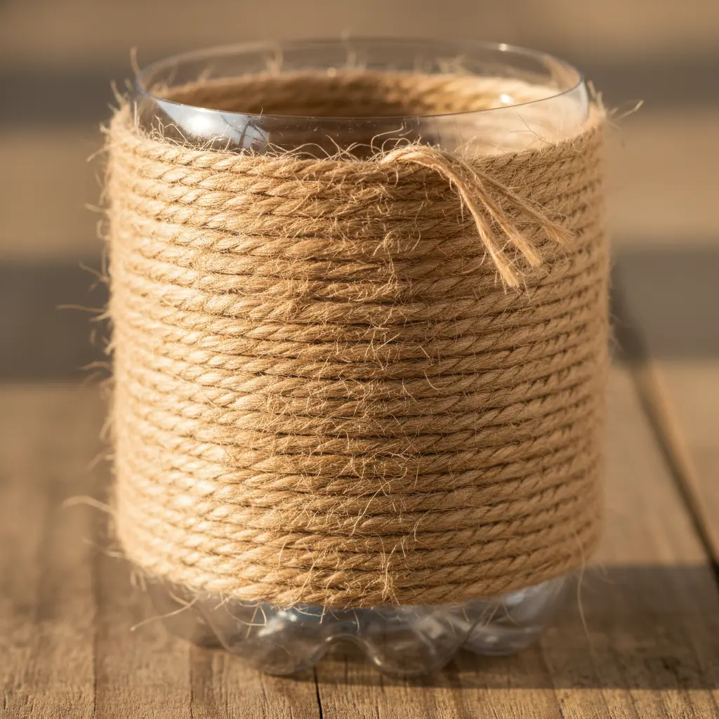 The bottom portion of a soda bottle completely covered in tightly wrapped jute twine.