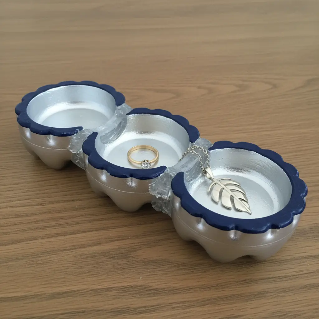 Several plastic bottle bottoms glued together and painted to form a multi-compartment jewelry tray.