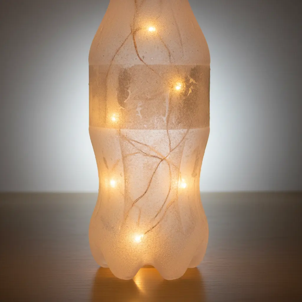A soda bottle with a frosted finish, housing a string of fairy lights for ambient lighting.
