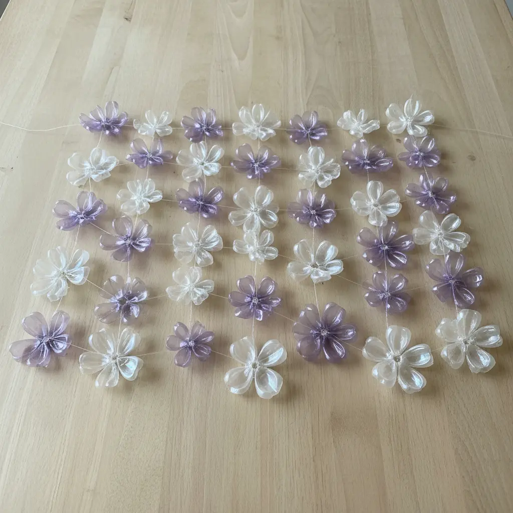 Multiple plastic bottle bottoms cut into flower shapes and strung together to form a room divider.