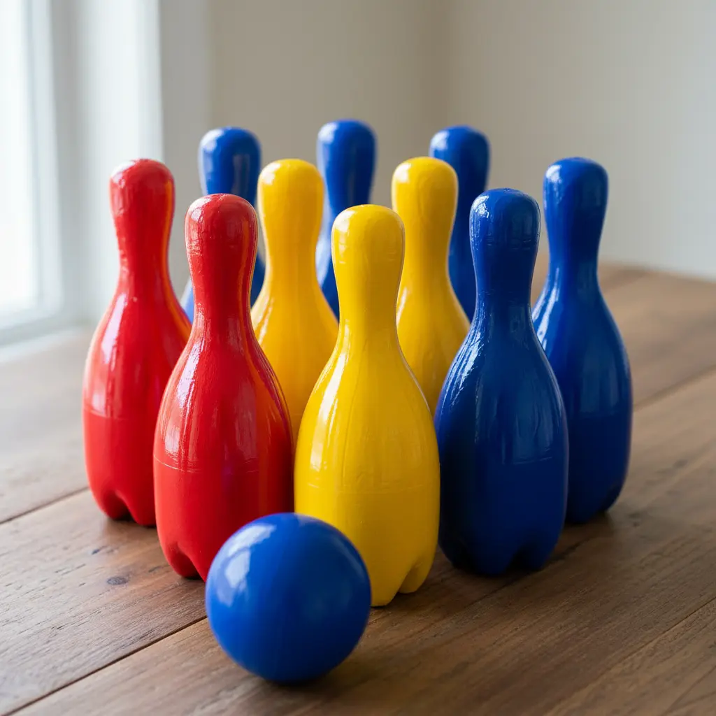 Ten small soda bottles painted in bright colors and arranged as bowling pins with a ball.